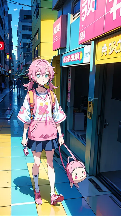 a person with a backpack walking on a tiled floor, an anime drawing, inspired by Atey Ghailan, trending on pixiv, pink twintail hair and cyan eyes, in blue and yellow clothes, with headphones, epic 8 k hd anime shot, haruno sakura, official render, ( ( ( a...