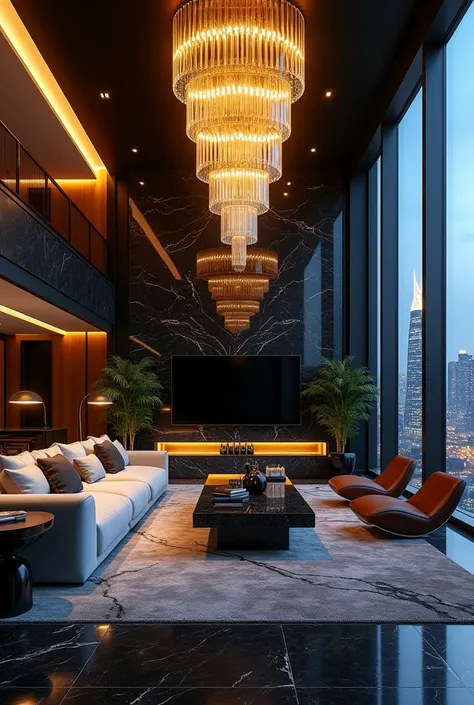 A luxurious and very large and spacious apartment living room in black and gold colors, with chandelier, marble, a huge sofa, large television and a view from the window at night to several other buildings 