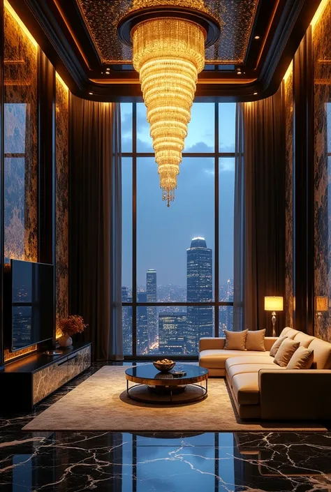 A luxurious and very large and extremely spacious apartment room in black and gold colors, with chandelier, marble, a huge sofa, large television and a view from the window with a beautiful night to several other buildings 