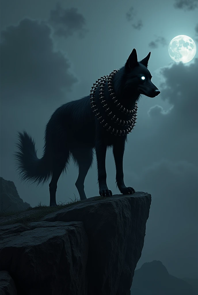 (photorealism:1:2), a black dog, with white eyes, black bolts circling his body, in a cliff on a night