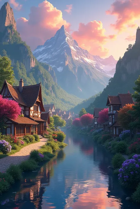 A small town by the river, mountains in the background, colorful floral flowers, Detailed landscape, beautiful natural landscapes, atmospheric lighting, scorching sunset, warm colors, practical, Photographic, Detailed foliage, complex buildings, cobbleston...