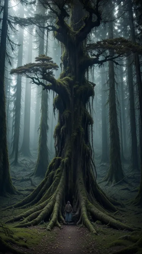 a living tree with feet and hands in a dark forest, cinematic, 8k, highres, hyper detailed, atmospheric lighting, dramatic shadows, moody colors, photorealistic, intricate details, fantasy elements, mystical, overgrown, moss-covered, gnarled bark, twisted ...