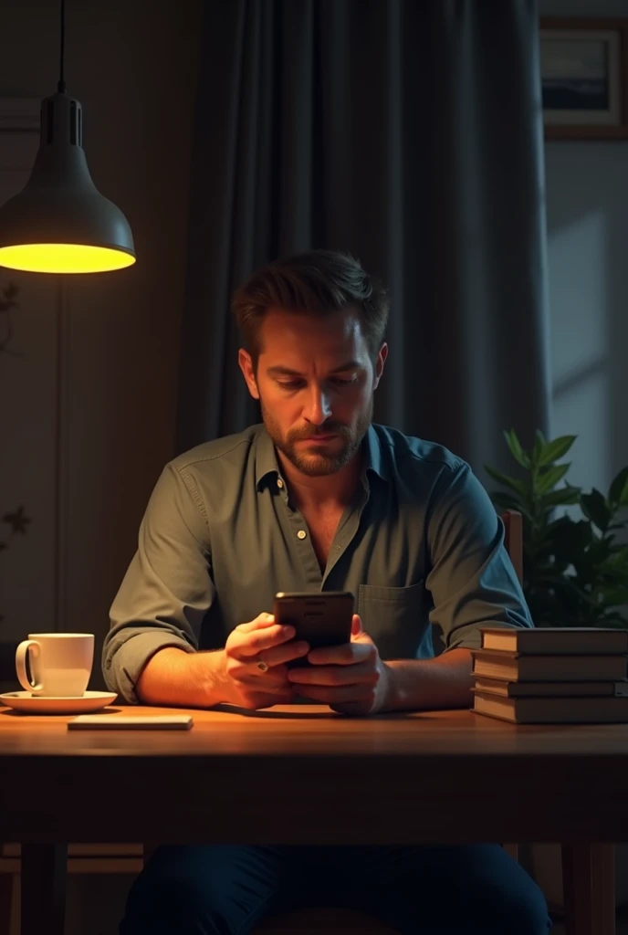 Man sitting at table using his cell phone 