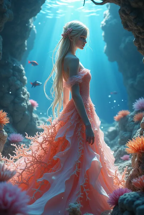 1girl,Ethereal Nordic woman in a coral-inspired gown,digital painting, 16K resolution. She has long blonde hair in an intricate braid, her hair adorned with long coral branches, pale skin, icy blue eyes, delicate features. She wears an elaborate dress made...