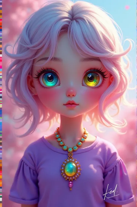 Girl with rainbow eyes pink hair white skin color purple shirt colorful necklace pink purple background