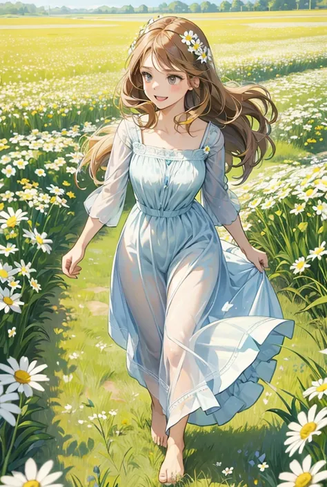 young woman, long caramel hair, gray eyes, runs barefoot through a flower field, daisies, forget-me-nots, Clover,bells, yellow midi dress, happiness