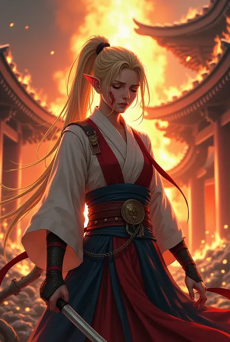 Create an anime character inspired by a samurai elf with long blonde hair tied in a ponytail, eyes closed and her left arm severed and covered in blood, in the background a Japanese temple on fire, use anime style, and do it from the front