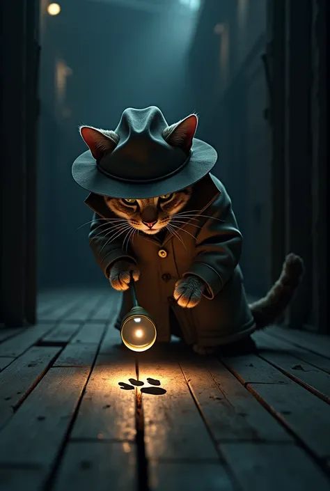 A noir-inspired detective cat, clad in a trench coat, scrutinizes a mysterious footprint on a dark, weathered wooden floor with a magnifying glass in hand. The dimly lit room, filled with shadows and intrigue, sets the stage for a thrilling detective tale....