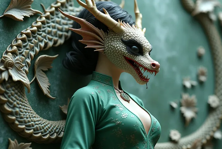 Panoramic, low angle, full shot,a highly detailed digital 3D bas relief illustration of a creature that is half Asian woman, half dragon, the upper body of an Asian woman made of solid porcelain with intricate black markings, wearing an emerald green India...