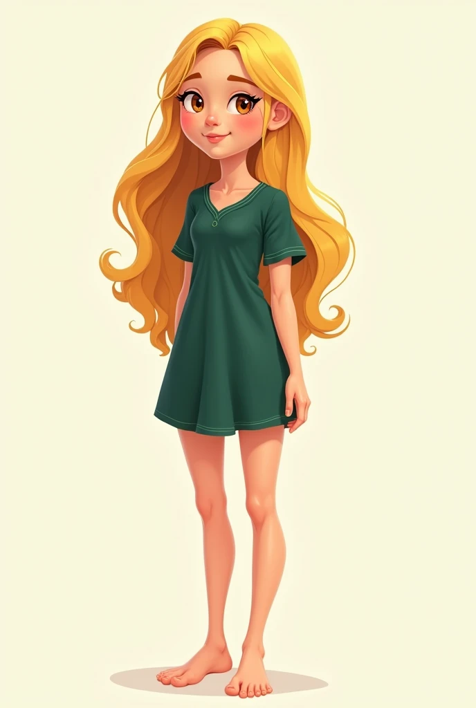 Cartoon rebecca newt jorden barefoot wearing a dark green short sleeved nightshirt with her blonde hair loose on her waist