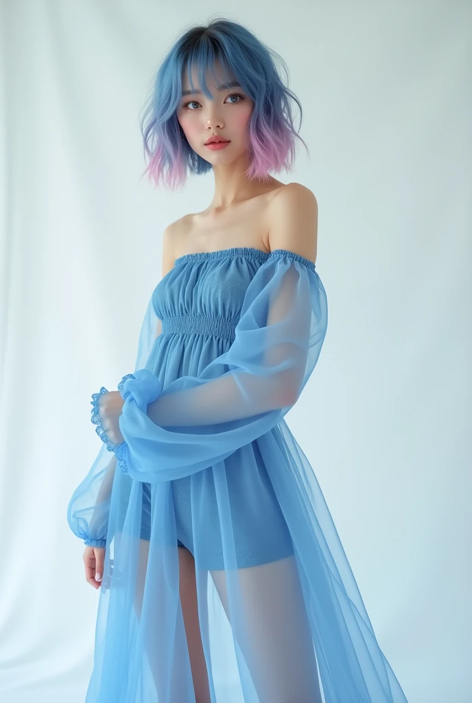 Very detailed, Very realistic, Hyperrealism, Ultra-realistic, Best Quality,(masterpiece,Soft lighting, Stylish eyes with attention to detail: 1.2),, (cute),Sleeveless,Sheer off-the-shoulder blue dress,The hem of the skirt is turned up,Fashion studio white ...