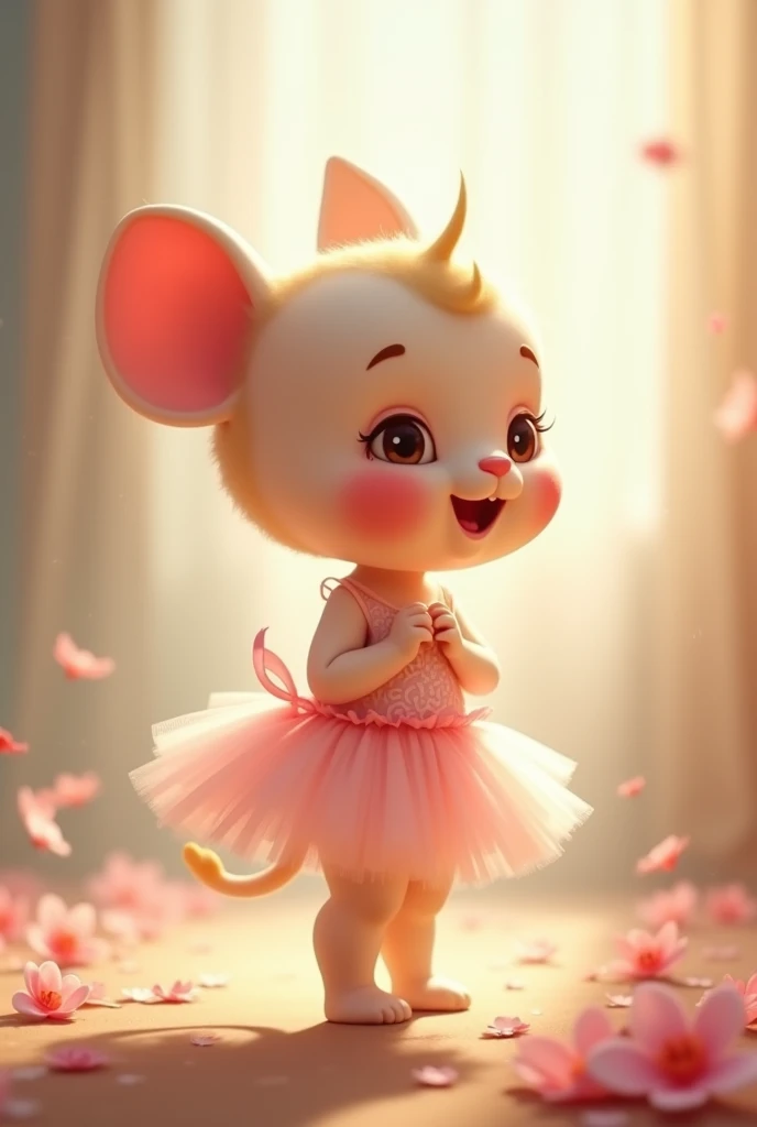 IMAGE OF AN ANIMATED HALLUCINATION BABY PAW she is standing , tender look, transmits joy, is wearing a ballerina outfit