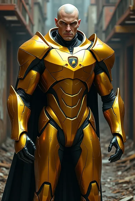 A villain in a golden suit with the Lamborghini logo 