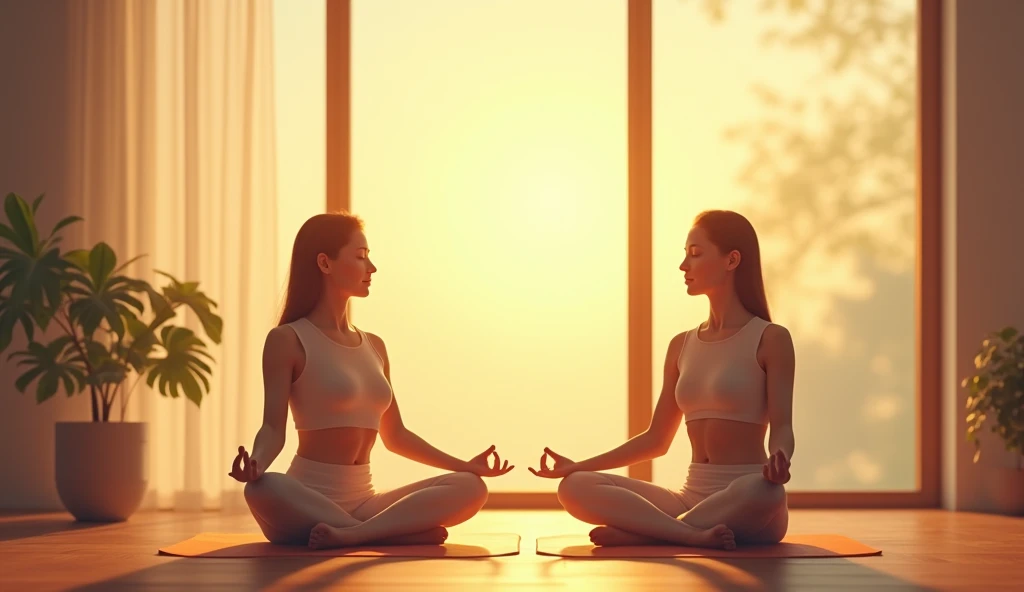 two people meditating in a comfortable room. yellow