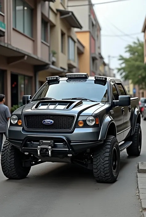 F 150 Lobo 2007 extended cab pickup truck, dark gray and light gray, Tunnin style, with the 8-star Venezuelan flag at the top of the windshield 