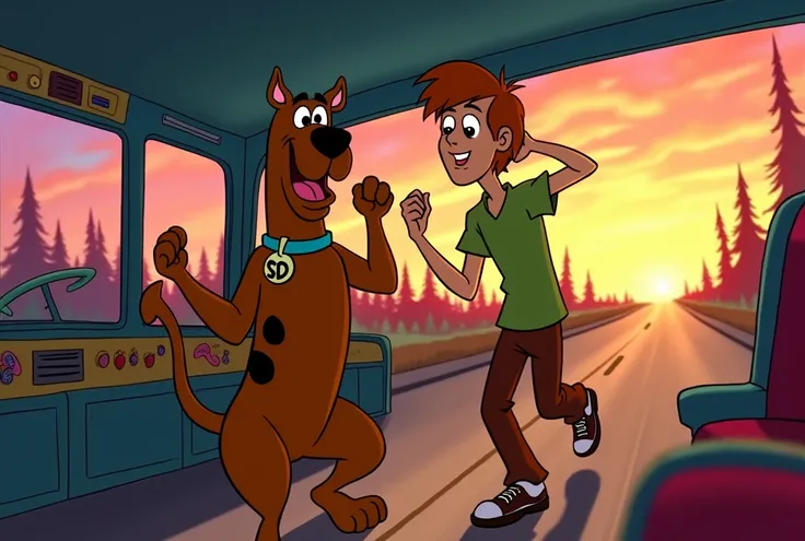 "In the style of a classic Scooby-Doo episode, the scene shows Scooby-Doo and Shaggy dancing inside the Mystery Machine as it drives down the road at sunset.

Scooby-Doo is a large, brown Great Dane with black spots, wearing a blue collar with an SD tag. H...