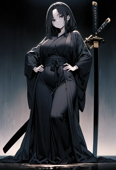 A lady, creamy fair skin, long black hair that reaches to the hips, black hanfu that outlined her body, mature and full body, leaning on a pitch black katana sword, below the black eyes there was a delicate mole.