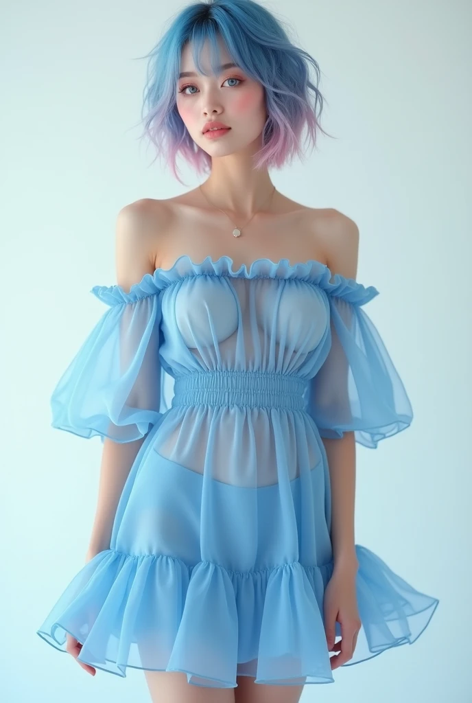 Very detailed, Very realistic, Hyperrealism, Ultra-realistic, Best Quality,(masterpiece,Soft lighting, Stylish eyes with attention to detail: 1.2),, (cute),Sleeveless,Sheer off-the-shoulder blue dress,The hem of the skirt is turned up,Fashion studio white ...