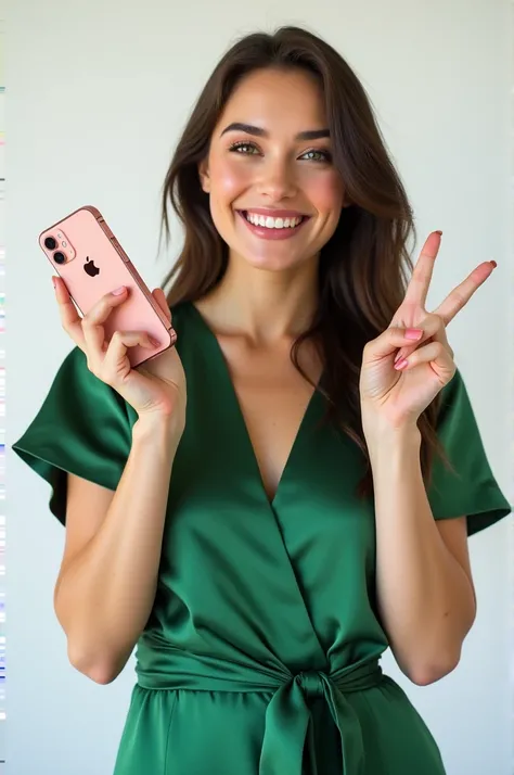 Rich and beautiful russian girl, in green silk dress, smiling face, holing iphone in one hand, vicotry sign with other hand, showing to viewer, in white background