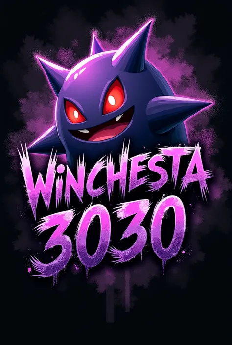 Create a graffiti that says Winchesta 3030 with purple and black colors and a gengar drawing on a black background 