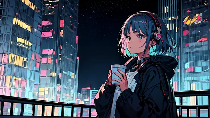 A girl drinking hot coffee while listening to jazz music through headphones, Watching the night sky from the balcony, alone, Lofty Girl, Lo-fi Art Style, Lofty Girl aesthetic, By Gairan, anime aesthetics, relaxed mood, lo-fi illustration style