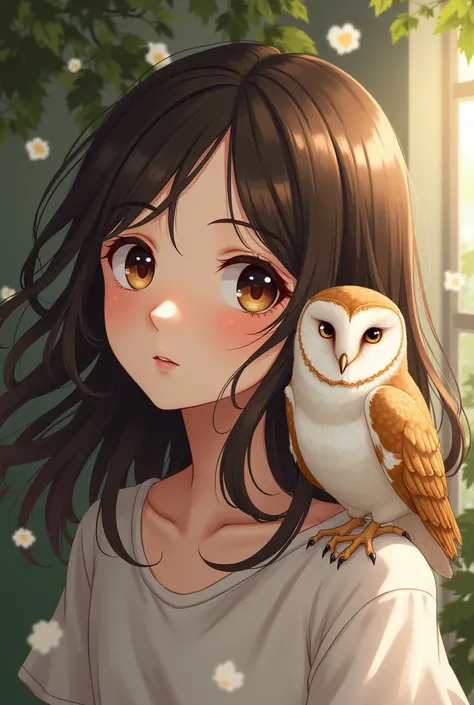 Create an anime girl with dark brown hair. And she has a pet barn owl 