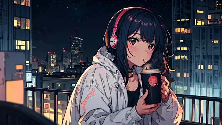 A girl drinking hot coffee while listening to jazz music through headphones, Watching the night sky from the balcony, alone, Lofty Girl, Lo-fi Art Style, Lofty Girl aesthetic, By Gairan, anime aesthetics, relaxed mood, lo-fi illustration style