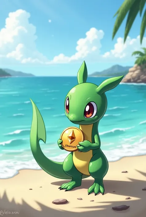 Snivy at the sea holding Ethereum