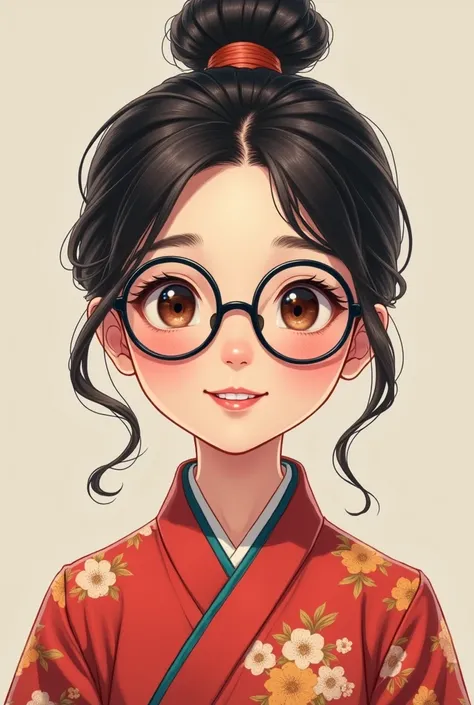 The smiling face is that of a Chinese girl wearing round, black-framed glasses with her traditional kimono outfit..