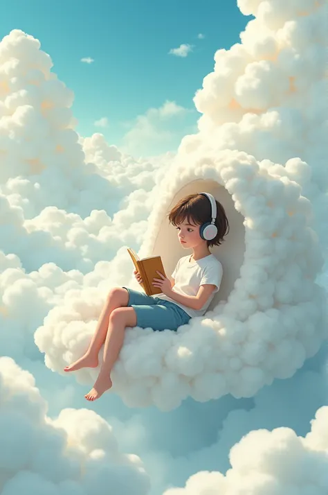 Imagine, a world where people lived above the clouds, each one had their own house. The bigger the cloud, the house was bigger. And imagine a young person in his house listening to music with headphones, he is lying down reading a story.