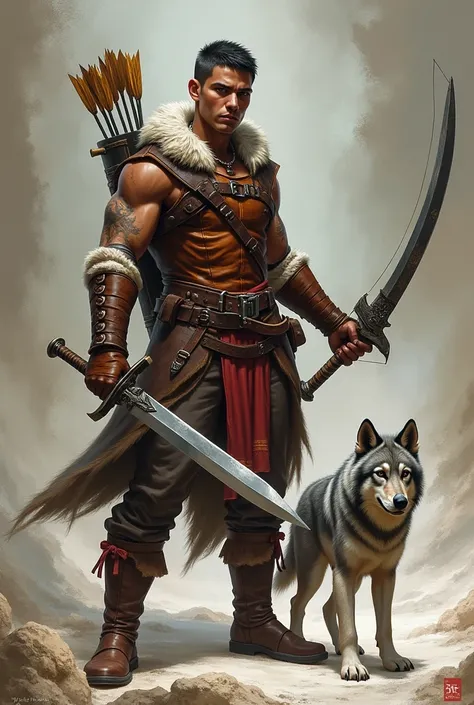 dentro do canário de d&d,  an image of a brown-skinned human with short hair , wearing leather corset armor, wielding a sword in each hand , in his right hand a large saber and in his left hand a short sword , a bow and arrows on his back, at his side a yo...