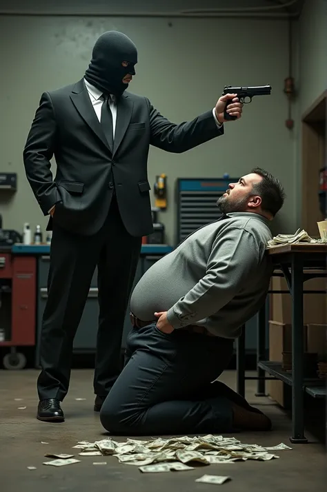 Man in a suit wearing a balaclava mask is standing pointing a pistol towards a fat man who is kneeling on the ground, in the background is a car workshop, next to the kneeling man there is an iron table with several banknotes spread out on top