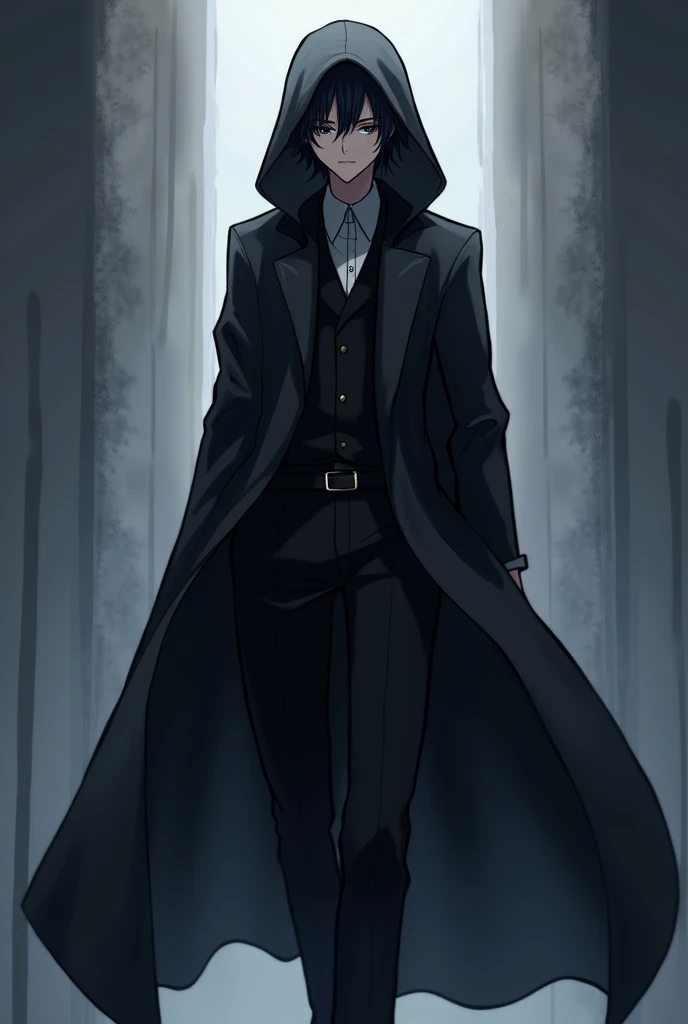 ((quality)), ((art)), ((best)), ((Anime)), ((detailed)), 1 ((boy)), wears a ((black coat)), in a very ((cool)) style, and with ((long sleeves)), and with a ((long cape)), that almost reaches the ((floor)), and a ((hood)), to cover his ((head)),