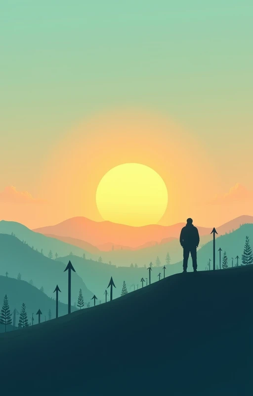 "Generate an inspiring, minimalistic cover image that symbolizes personal growth and transformation. The scene should depict a serene landscape with a person standing at the top of a hill or mountain, looking towards a vibrant sunrise. The horizon should f...