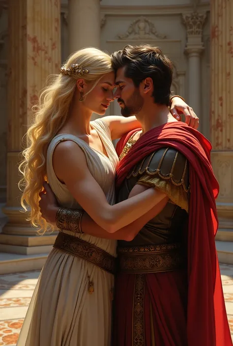 Gay couple Young blond ancient Roman man embraced by a Roman prince