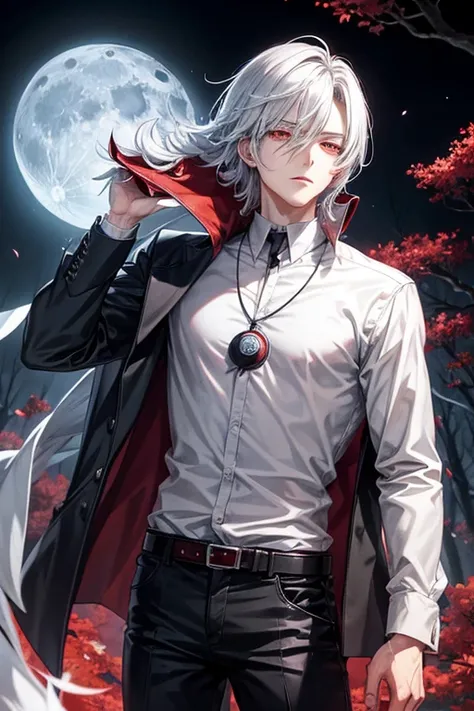 anime style poster anime, young man silver hair red eyes front, divide in two, his soul scape from his body, he stay in a dark f...