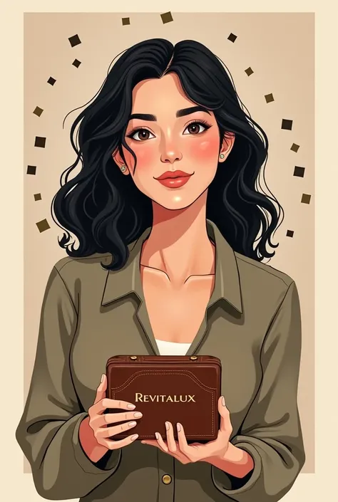 a dark haired woman , medium and wavy hair receives a leather box with the name Revitalux and has an expression of hope and smile, ready to start the transformation.design, illustration of little squares
