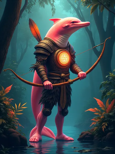 a majestic pink river dolphin (boto) from the brazilian amazon, designed as a powerful indigenous warrior, standing on its hind fins, wearing a traditional yet futuristic warrior armor made of dark wood, adorned with feathers, and engraved with amazonian t...