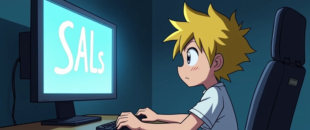 Anime cartoon of a young boy with yellow hair playing a game. The computer screen says SALs.