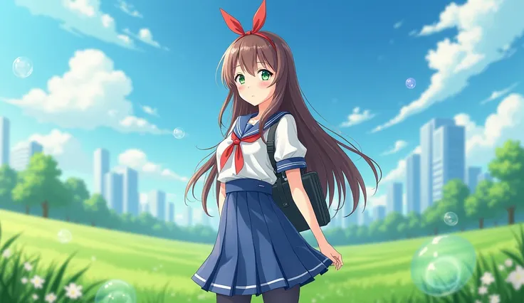 (best quality,4k,highres),ultra-detailed,portraits, drawn in anime style, Japaneese school girl, green eyes, long brown hair,anime style,futuristic, Frutiger Aero aesthetic, eco-modernist world, bokeh, ribbon headband,small breast,futuristic sailor lolita ...