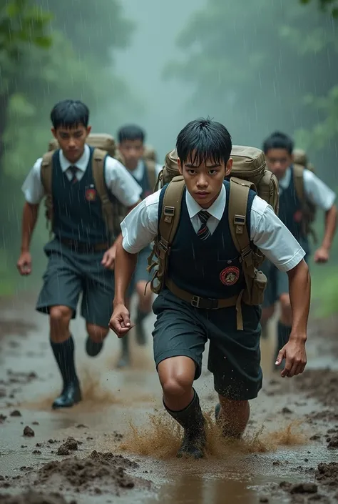 Perfect super realistic muscular cadet boys crawling on dirt ground road  while raining heavily with other cadets, wearing perfect cadet school uniforms, a perfect neat white shirt, perfect striped tie, school shorts, sweater vest with school crest, knee s...