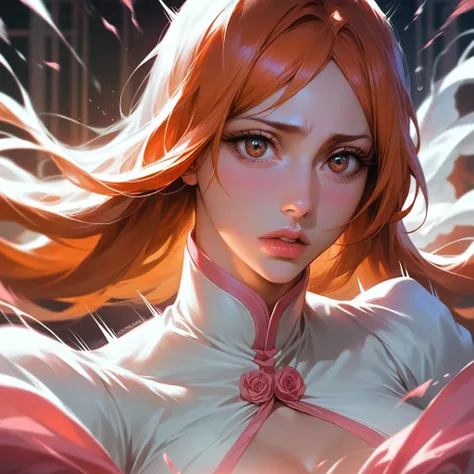 Orihime Inoue from Bleach, 1girl, beautiful detailed eyes, beautiful detailed lips, extremely detailed face, long eyelashes, overpowered, deep penetration, rough sex, dress, dynamic lines, bounce lines, masterpiece, hyper-detailed, photorealistic, 8k, dram...