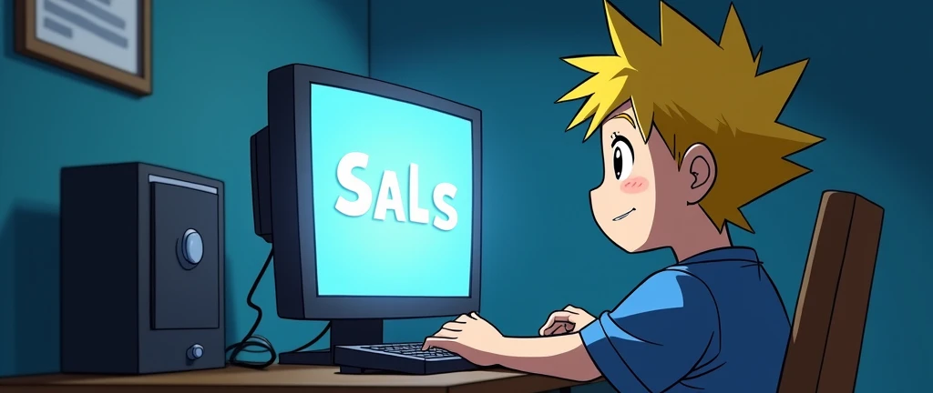 Anime cartoon of a young boy with yellow hair playing a game. The computer screen says SALs.