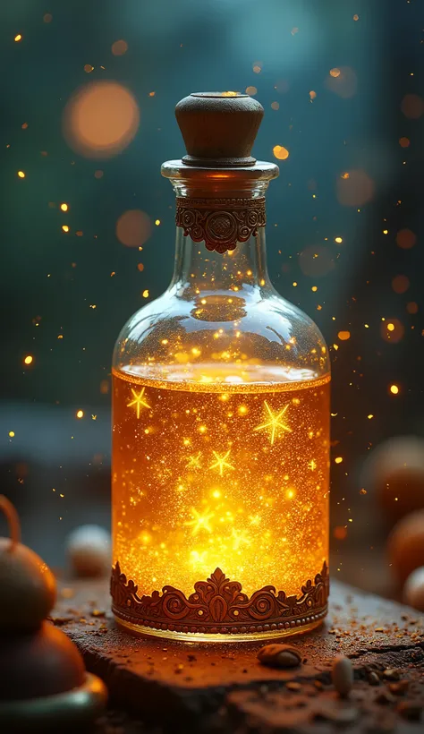 Professional photography, Digital Art, Close-up shot of a magical alchemist glass bottle with、Contains glitter and sparkling light star dust in vibrant gradient colors, Dream Potion, Medieval Theme, Fantasy　Yellow and orange