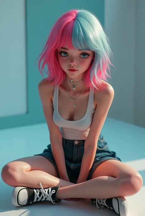 Create an image of a teenage girl with half her hair one color, half another , if you&#39;re on the floor in a skirt and sneakers, very modern, making a face  