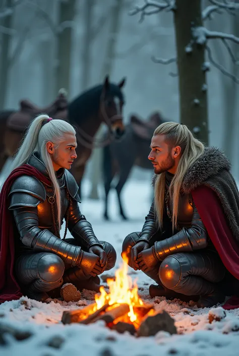 wintry scene of two battle weary elven men sitting across from each other at a campfire. Their horses are tied between two fir trees in the background. The first elf is about 30 years old and is slightly taller with white hair pulled back into a pony-tail ...