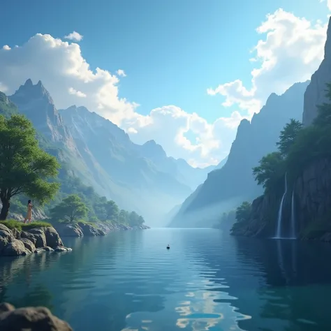 masterpiece, best quality, high quality, extremely detailed CG unity 8k wallpaper, scenery, outdoors, sky, cloud, day, no humans, mountain, landscape, water, tree, blue sky, waterfall, cliff, nature, lake, river, cloudy sky,award winning photography, Bokeh...