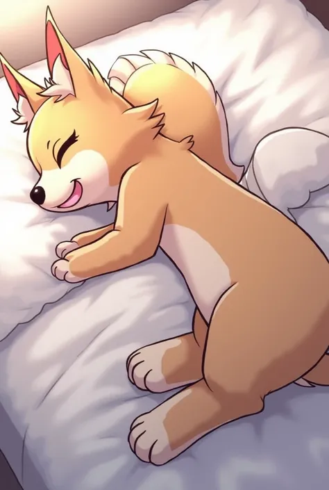 Furra anime on a white bed having an orgasm with a satisfied face 