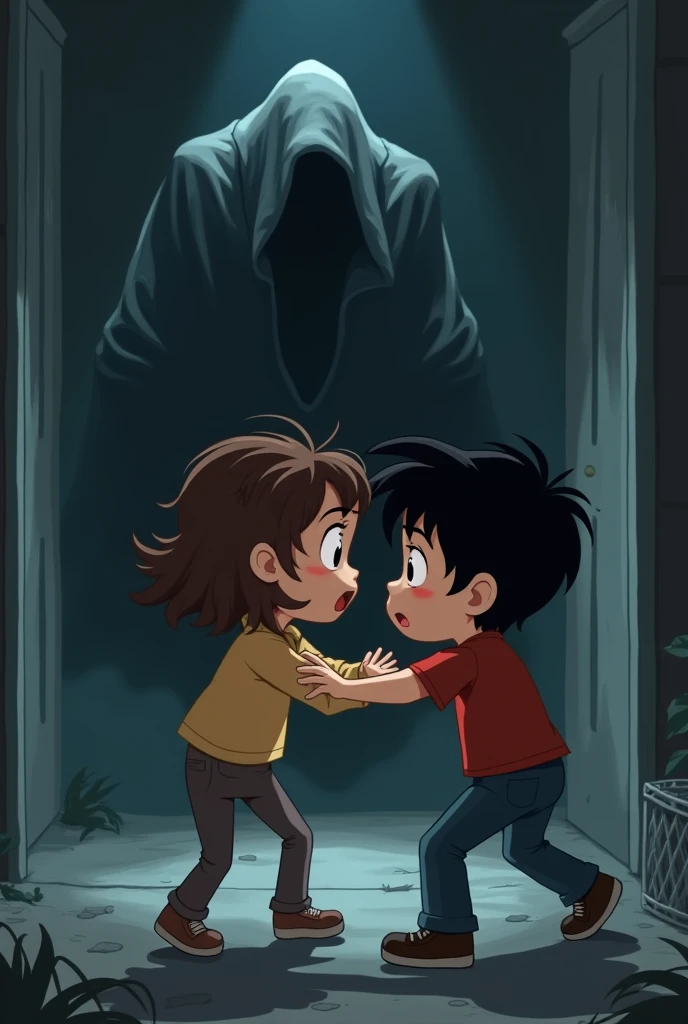 A girl with brown slightly curly hair pushes a boy with dark hair, forward and the boy is frightened. The background should be rather grey and dark. The characters should be in cartoon style like Danny Phantom. The people should not be in the foreground an...