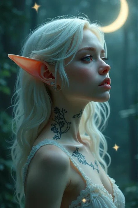 Elf with moon and two stars tattoo on her neck 